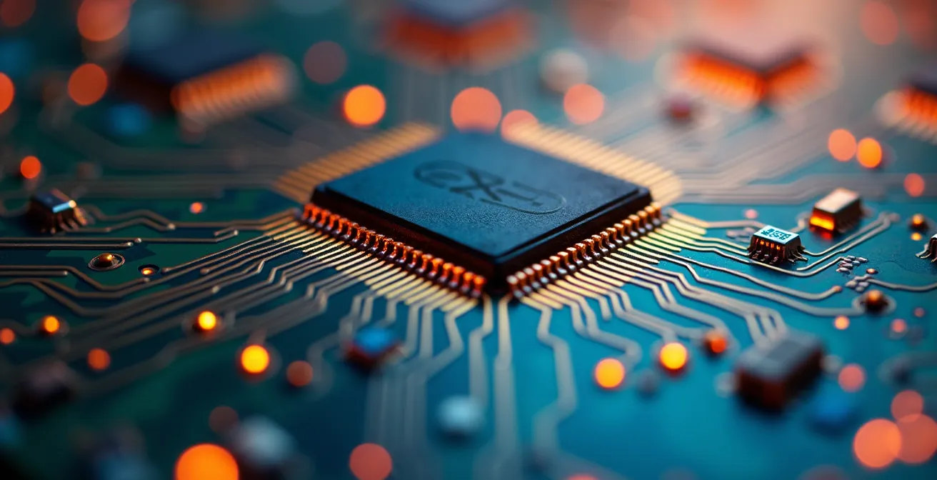 Vue macro de circuits imprimés colorés représentant les flux de données de formation