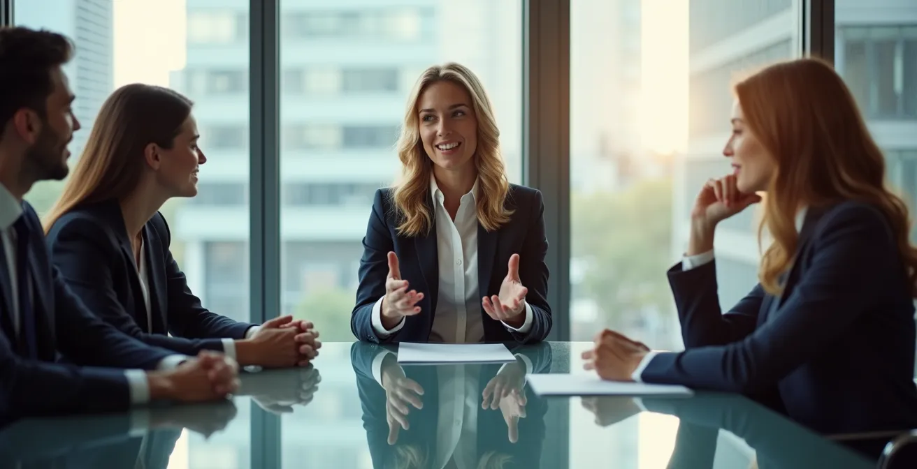 Professionnelle RH en discussion stratégique avec dirigeants dans un environnement moderne