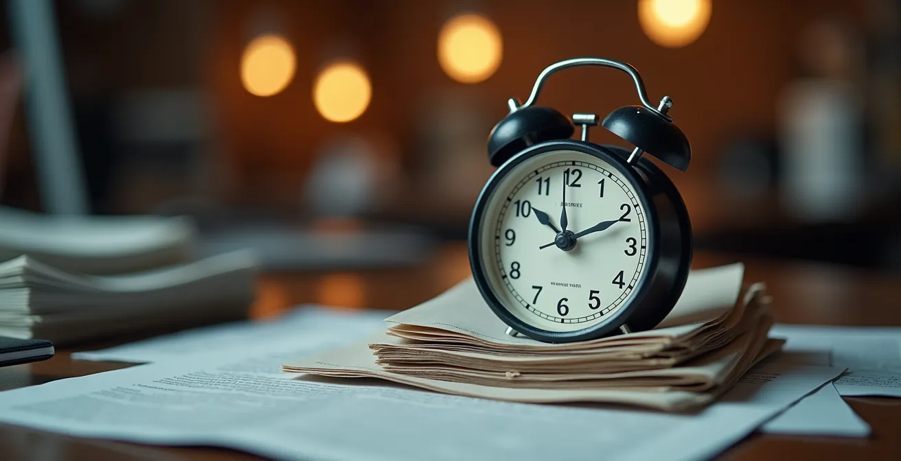 Horloge déformée sur bureau encombré de paperasse représentant le temps perdu