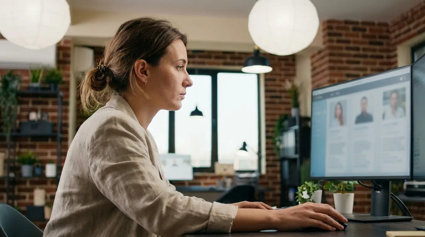 Consultante RH analysant des profils de candidats sur écran dans un cabinet de recrutement