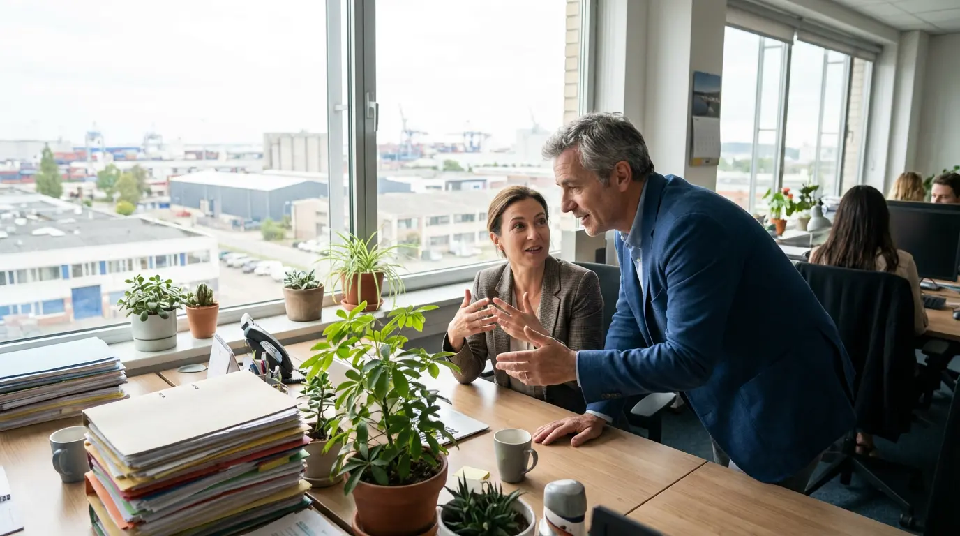 Dirigeant de PME en discussion avec un consultant RH dans son bureau avec vue industrielle