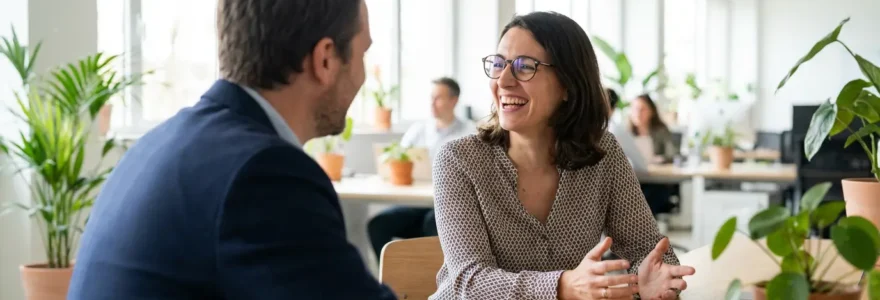 Consultante RH et dirigeant d'entreprise en discussion dans un bureau moderne
