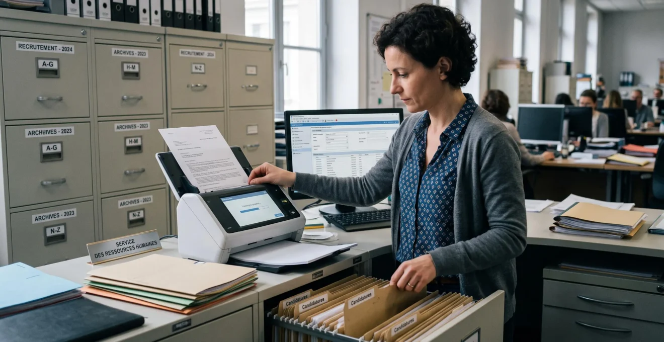 Agent RH numérisant et archivant méthodiquement des candidatures dans un système de traçabilité combinant classement physique et digital