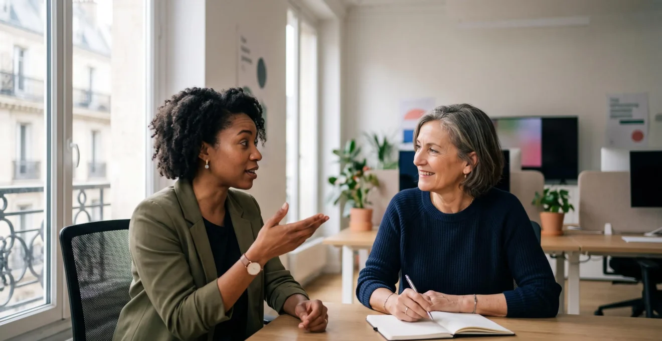 Deux collaborateurs en interaction naturelle dans un bureau parisien lumineux, symbolisant l'evaluation des competences comportementales en entreprise