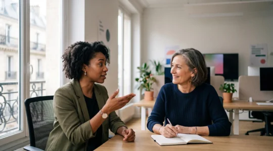 Deux collaborateurs en interaction naturelle dans un bureau parisien lumineux, symbolisant l'evaluation des competences comportementales en entreprise