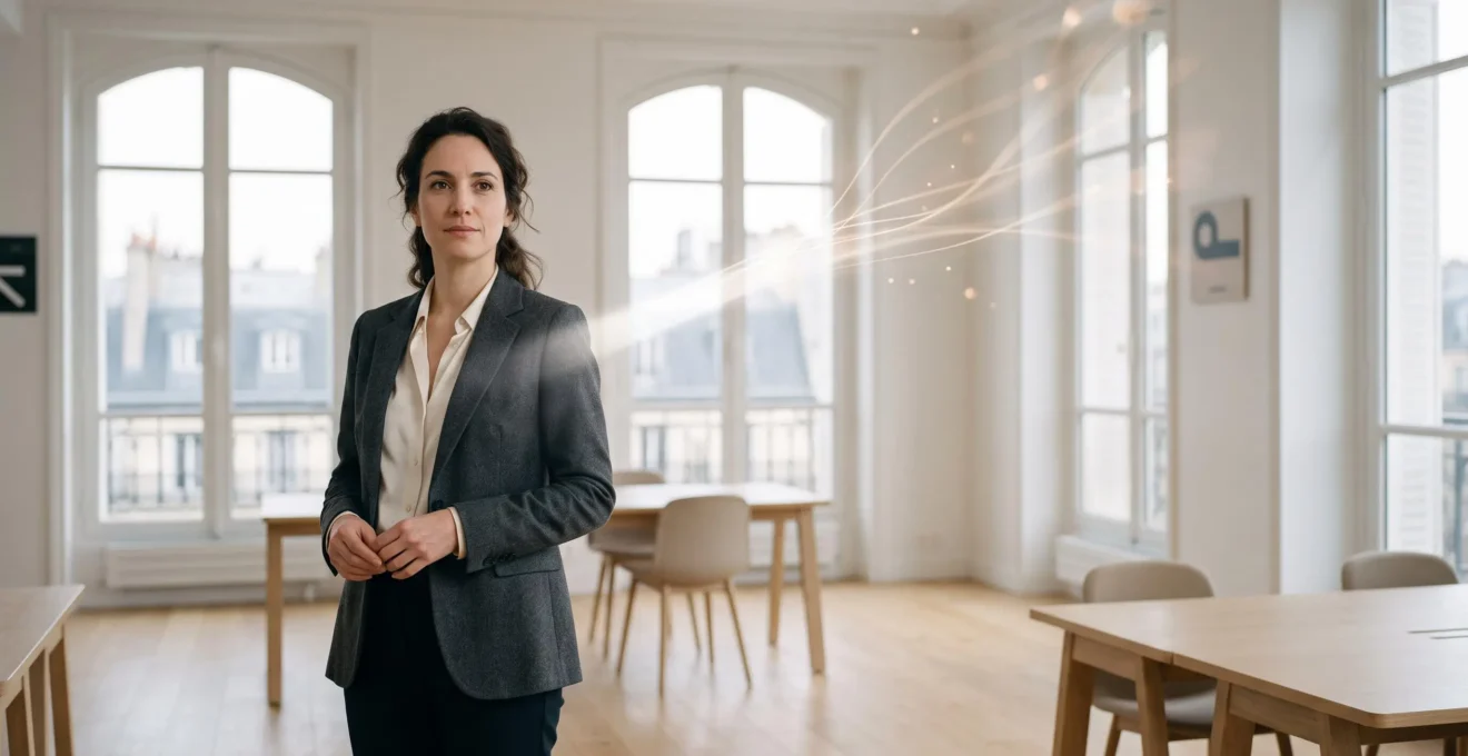 Silhouette professionnelle dans un bureau lumineux à la française, entourée de faisceaux lumineux symbolisant la clarification des flux de communication numérique