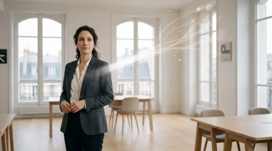 Silhouette professionnelle dans un bureau lumineux à la française, entourée de faisceaux lumineux symbolisant la clarification des flux de communication numérique