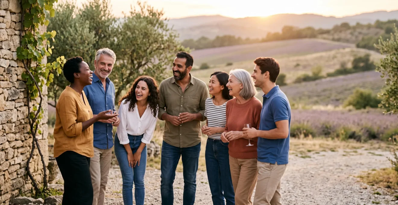 Groupe de collègues français partageant un moment convivial et authentique en extérieur lors d'un événement d'équipe