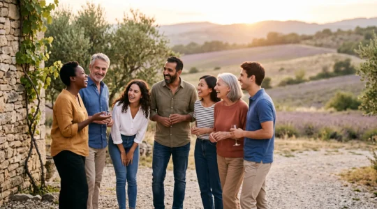 Groupe de collègues français partageant un moment convivial et authentique en extérieur lors d'un événement d'équipe