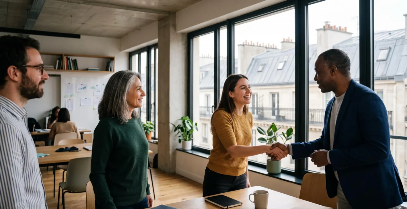 Nouveau collaborateur accueilli chaleureusement par son équipe dans un bureau lumineux en France