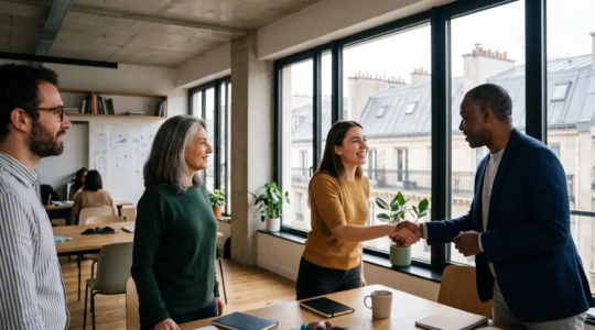 Nouveau collaborateur accueilli chaleureusement par son équipe dans un bureau lumineux en France