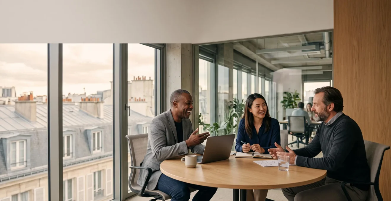 Trois professionnels RH collaborant autour d'une table dans un bureau moderne, symbolisant la coordination entre les pôles recrutement, formation, paie et relations sociales.