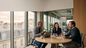 Trois professionnels RH collaborant autour d'une table dans un bureau moderne, symbolisant la coordination entre les pôles recrutement, formation, paie et relations sociales.