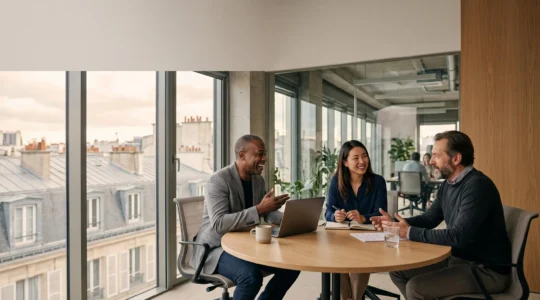 Trois professionnels RH collaborant autour d'une table dans un bureau moderne, symbolisant la coordination entre les pôles recrutement, formation, paie et relations sociales.