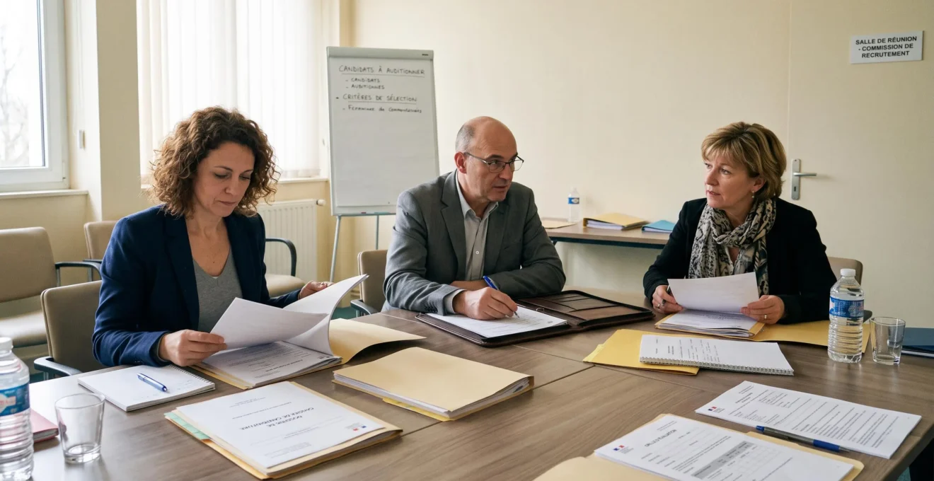 Commission de recrutement du secteur public examinant attentivement des dossiers de candidatures lors d'une délibération officielle