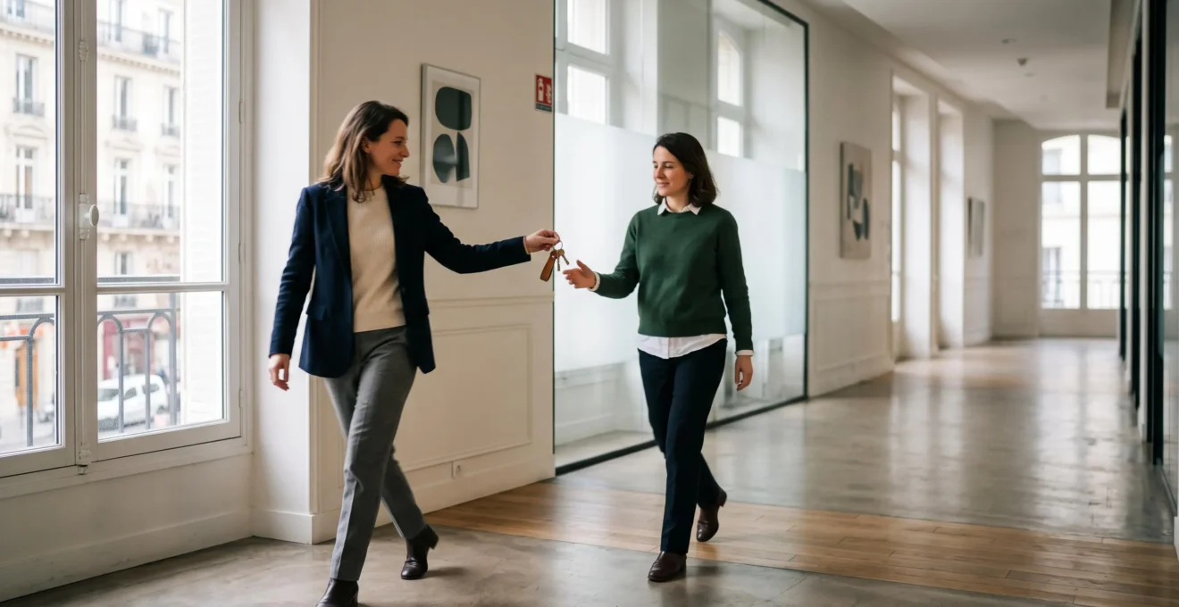 Deux silhouettes professionnelles se croisant dans un couloir de bureau lumineux, symbolisant la transmission de responsabilité lors d'une absence imprévue