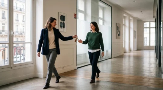 Deux silhouettes professionnelles se croisant dans un couloir de bureau lumineux, symbolisant la transmission de responsabilité lors d'une absence imprévue