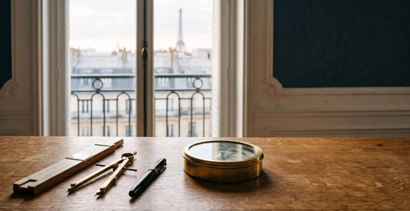 Bureau parisien épuré avec des outils de précision posés à côté d'une boussole, symbolisant la transition de l'expertise technique vers le leadership managérial