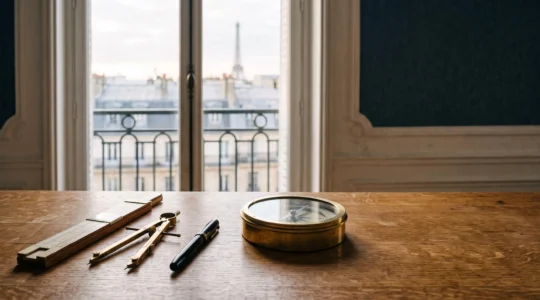 Bureau parisien épuré avec des outils de précision posés à côté d'une boussole, symbolisant la transition de l'expertise technique vers le leadership managérial