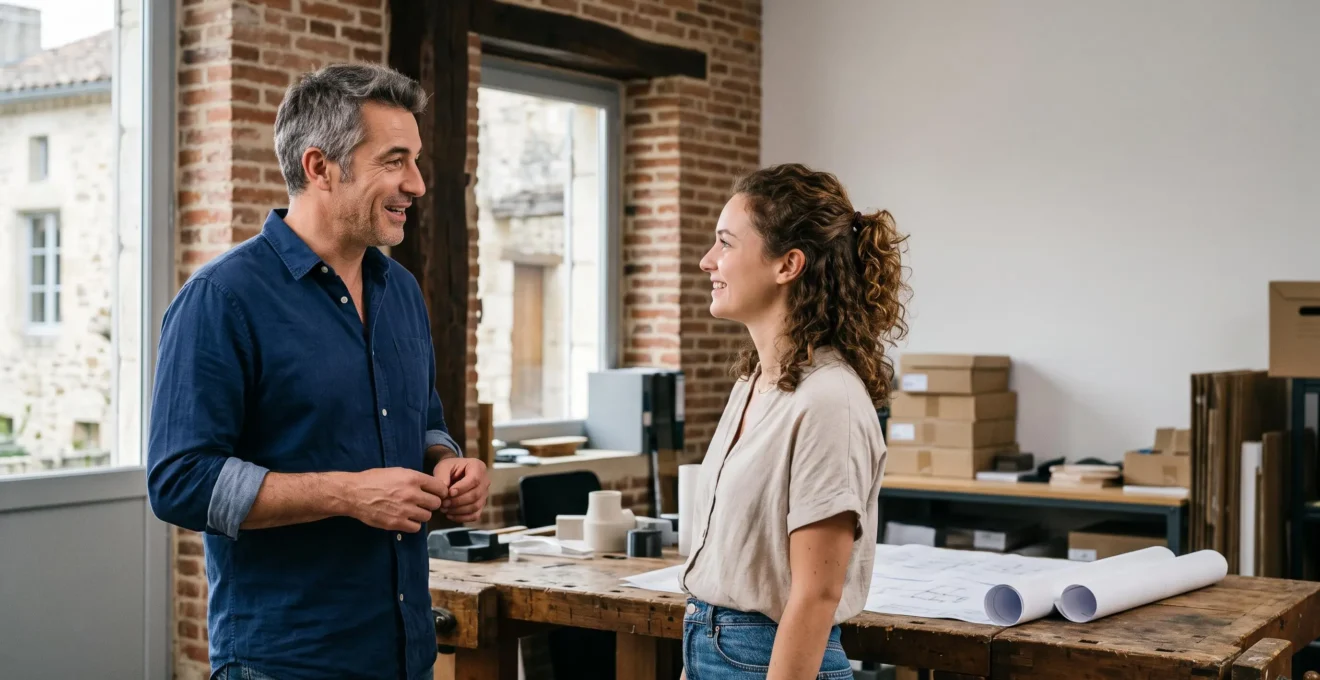 Dirigeant de PME française échangeant avec un candidat dans un atelier lumineux, symbole d'un recrutement humain et agile face aux grands groupes