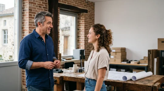 Dirigeant de PME française échangeant avec un candidat dans un atelier lumineux, symbole d'un recrutement humain et agile face aux grands groupes