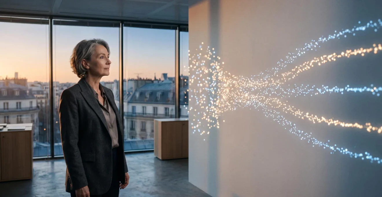 Directeur RH observant un flux lumineux abstrait symbolisant la transformation des données RH en décisions stratégiques