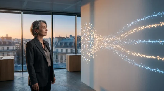 Directeur RH observant un flux lumineux abstrait symbolisant la transformation des données RH en décisions stratégiques