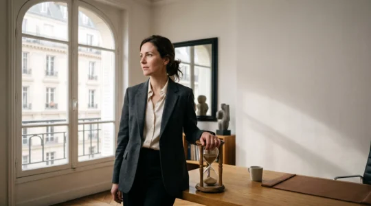 Cadre francais serein reprenant le controle de son temps de travail dans un bureau lumineux et epure