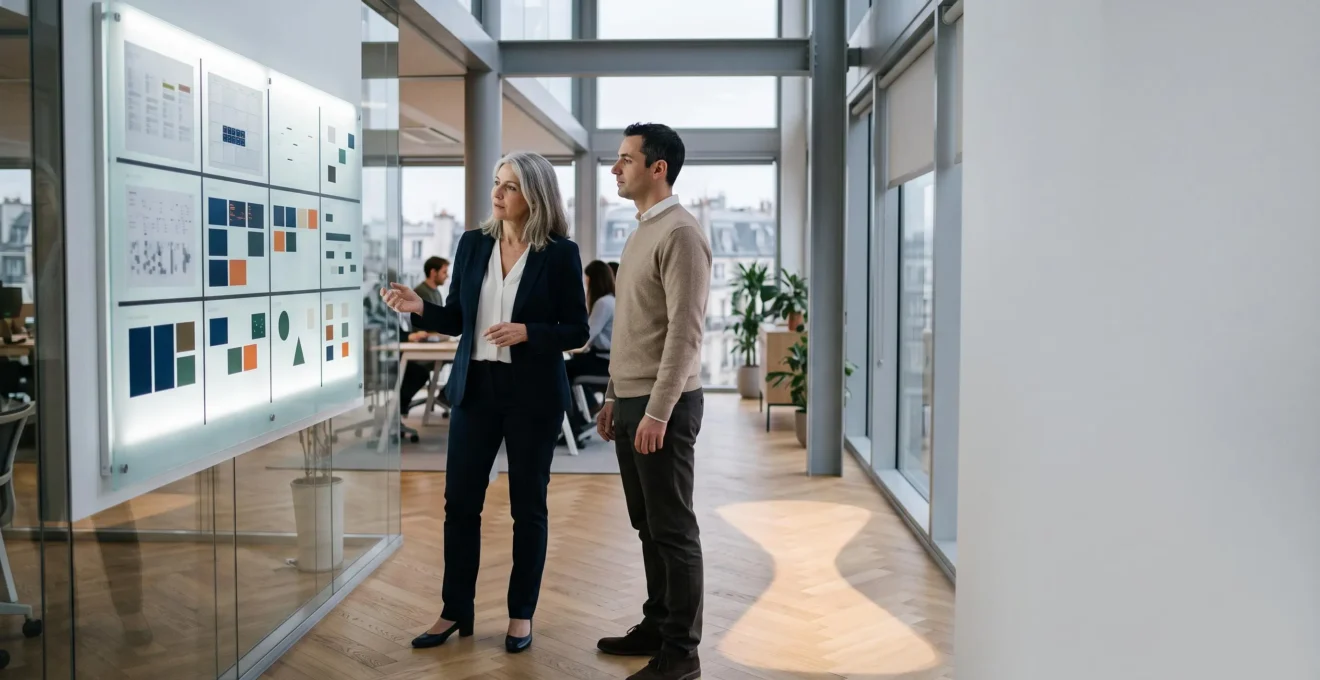 Manager et salarié échangeant autour d'un tableau de planning abstrait dans un bureau français lumineux, symbolisant l'équilibre entre conformité légale et gestion du temps de travail