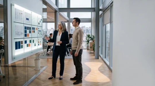 Manager et salarié échangeant autour d'un tableau de planning abstrait dans un bureau français lumineux, symbolisant l'équilibre entre conformité légale et gestion du temps de travail