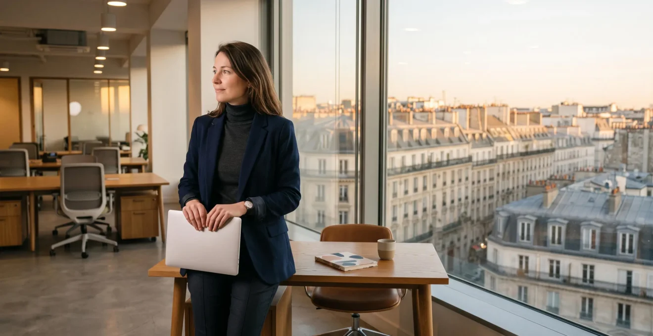 Salarié en bureau parisien refermant son ordinateur portable au coucher du soleil, symbolisant l'équilibre entre suivi du temps de travail et droit à la déconnexion