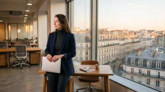 Salarié en bureau parisien refermant son ordinateur portable au coucher du soleil, symbolisant l'équilibre entre suivi du temps de travail et droit à la déconnexion