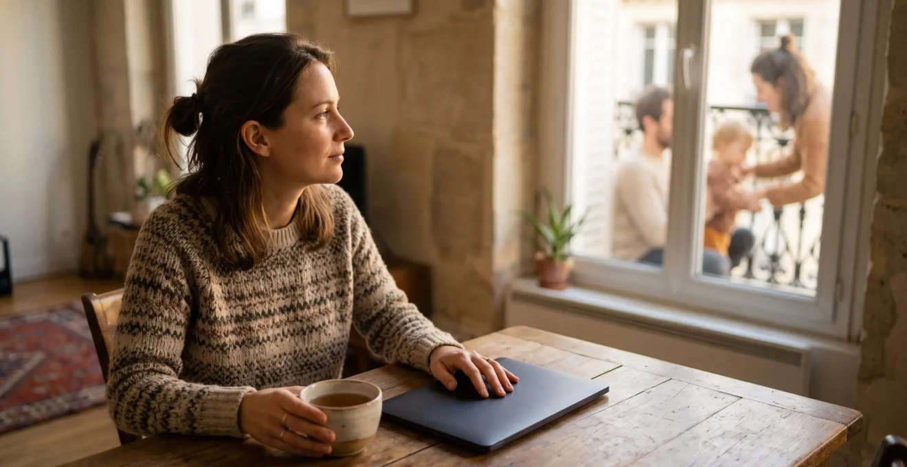 Un professionnel équilibre son temps d'apprentissage et sa vie de famille dans un appartement parisien en fin de journée