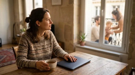 Un professionnel équilibre son temps d'apprentissage et sa vie de famille dans un appartement parisien en fin de journée