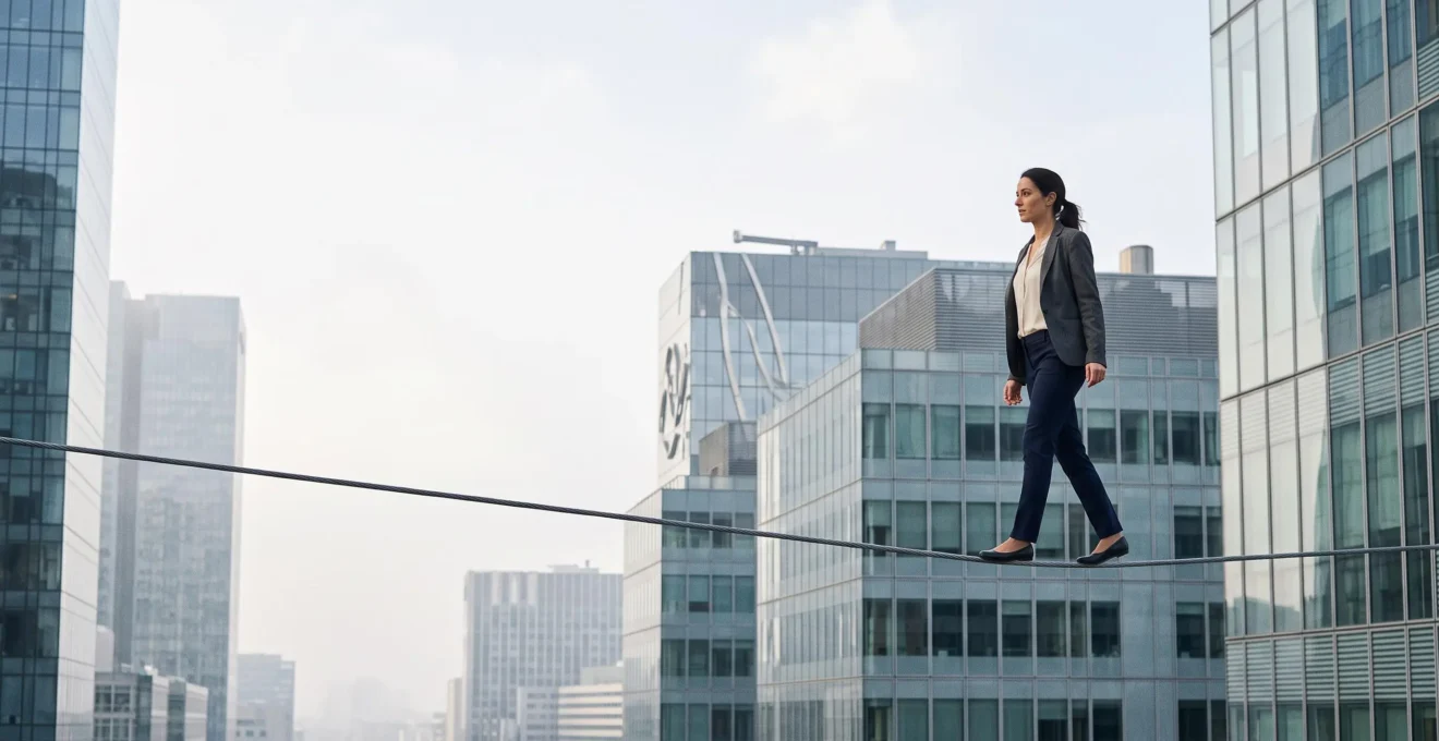 Illustration symbolique d'un equilibre entre innovation RH audacieuse et securite organisationnelle dans une entreprise francaise