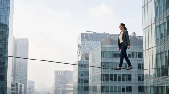 Illustration symbolique d'un equilibre entre innovation RH audacieuse et securite organisationnelle dans une entreprise francaise