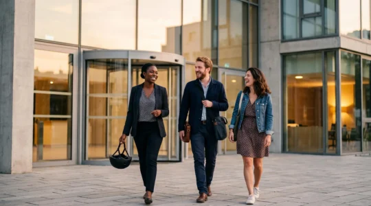Équipe française quittant le bureau sereinement en fin de journée, illustrant une productivité sans épuisement professionnel.