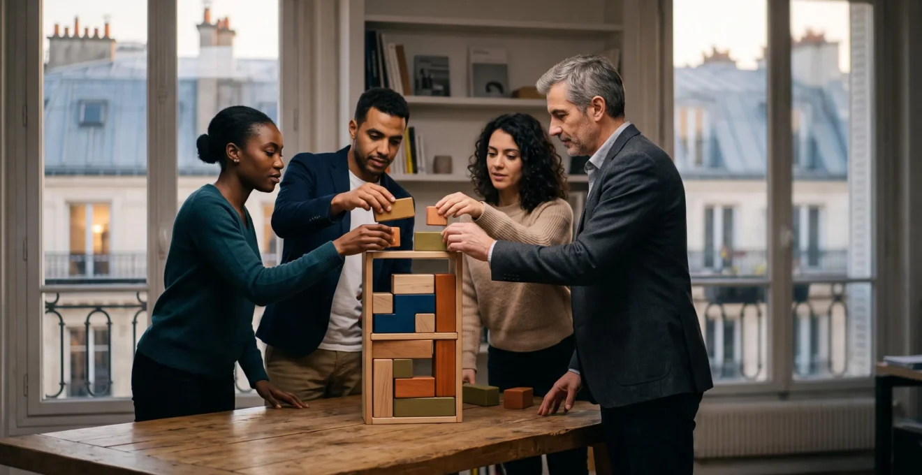Une équipe diversifiée dans un bureau parisien organise sereinement des blocs de couleurs symbolisant des rôles clairs, sans tension apparente.