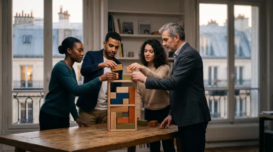 Une équipe diversifiée dans un bureau parisien organise sereinement des blocs de couleurs symbolisant des rôles clairs, sans tension apparente.