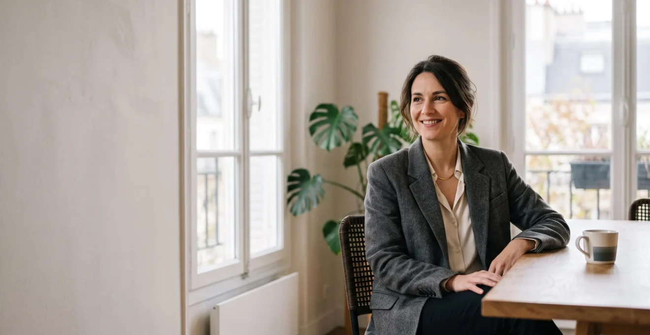 Responsable RH en France souriant sereinement dans un bureau lumineux, symbolisant le temps gagné grâce à l'automatisation des tâches administratives
