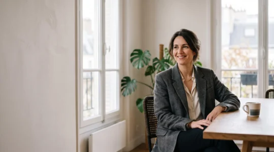 Responsable RH en France souriant sereinement dans un bureau lumineux, symbolisant le temps gagné grâce à l'automatisation des tâches administratives