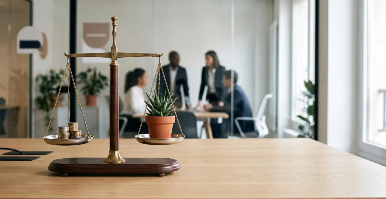Balance en équilibre entre pièces de monnaie et silhouettes humaines symbolisant une politique salariale juste et maîtrisée