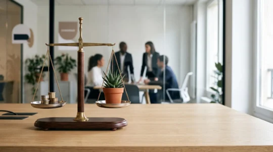 Balance en équilibre entre pièces de monnaie et silhouettes humaines symbolisant une politique salariale juste et maîtrisée