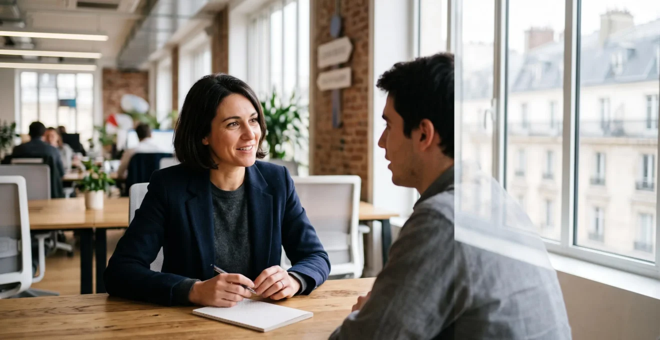 Manager francais en pleine ecoute active face a un collaborateur dans un bureau lumineux, symbole d'un management centre sur le dialogue plutot que sur les longs entretiens formels
