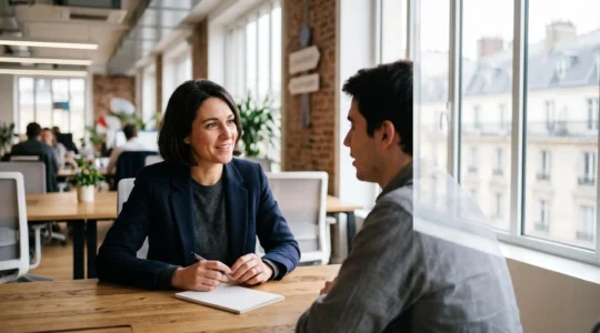 Manager francais en pleine ecoute active face a un collaborateur dans un bureau lumineux, symbole d'un management centre sur le dialogue plutot que sur les longs entretiens formels