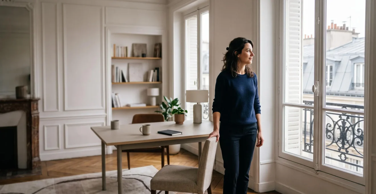 Un manager en télétravail dans un intérieur français, incarnant l'équilibre entre confiance et cohésion d'équipe à distance