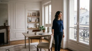Un manager en télétravail dans un intérieur français, incarnant l'équilibre entre confiance et cohésion d'équipe à distance