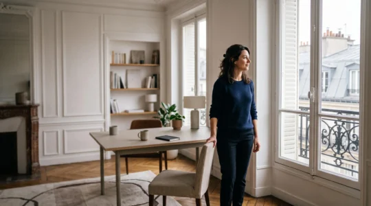 Un manager en télétravail dans un intérieur français, incarnant l'équilibre entre confiance et cohésion d'équipe à distance