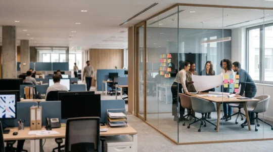 Bureau français moderne où coexistent l'activité quotidienne et une organisation de projet en cours de structuration