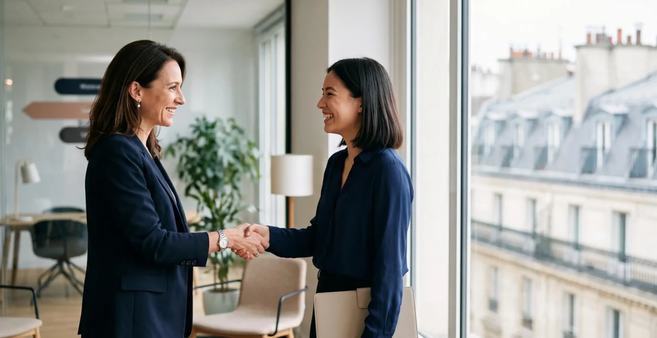 Deux professionnels se serrant la main dans un bureau moderne parisien, symbolisant l'engagement mutuel d'une offre d'embauche acceptee